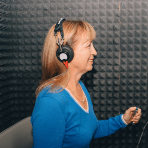 A woman takes a hearing screening