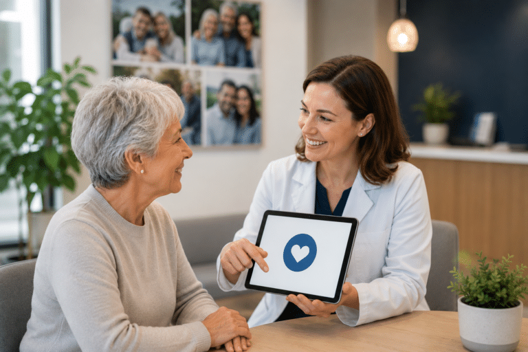 An older woman smiles during a friendly consultation with a healthcare professional in a modern office setting, while the professional shows information on a tablet in a warm and welcoming environment.