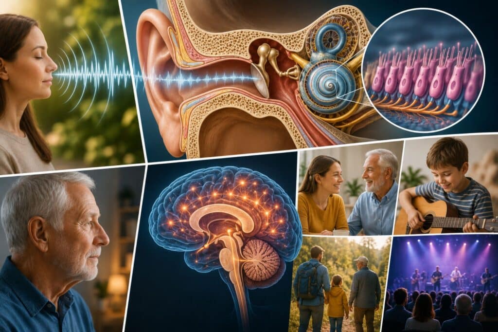 A collage illustrating how hearing works, featuring sound waves traveling to the ear, detailed ear anatomy, the brain processing sound, microscopic inner ear structures, and people of different ages enjoying conversations, music, and everyday listening experiences.