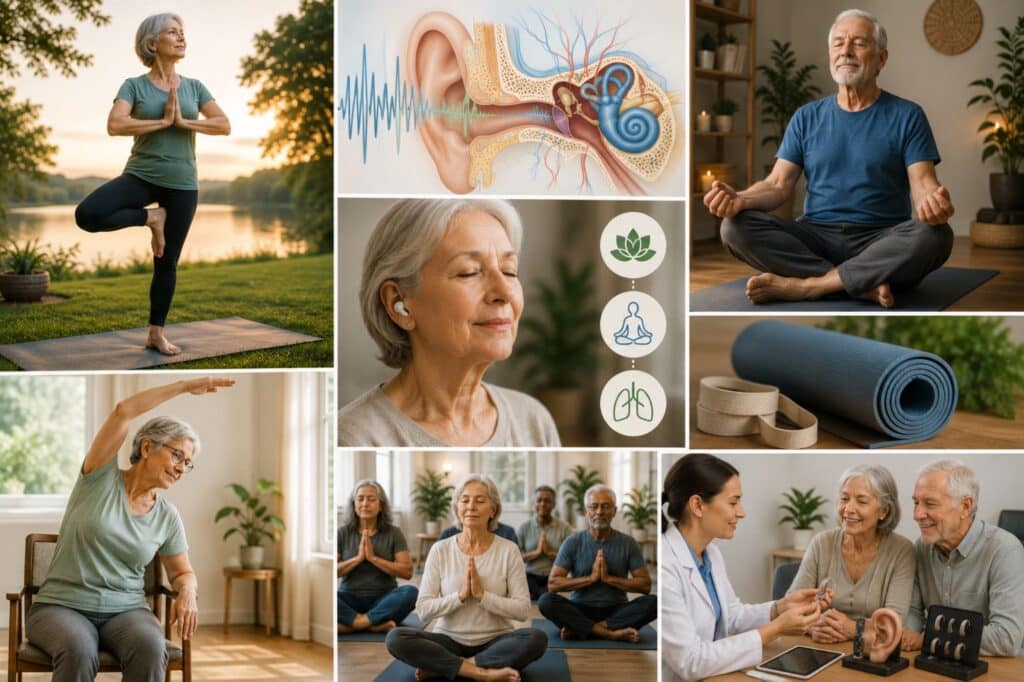A collage of older adults practicing yoga and meditation in peaceful indoor and outdoor settings, participating in group wellness activities, meeting with a hearing care professional, and embracing healthy lifestyle habits that support overall well-being and hearing health.