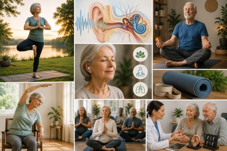 A collage of older adults practicing yoga and meditation in peaceful indoor and outdoor settings, participating in group wellness activities, meeting with a hearing care professional, and embracing healthy lifestyle habits that support overall well-being and hearing health.