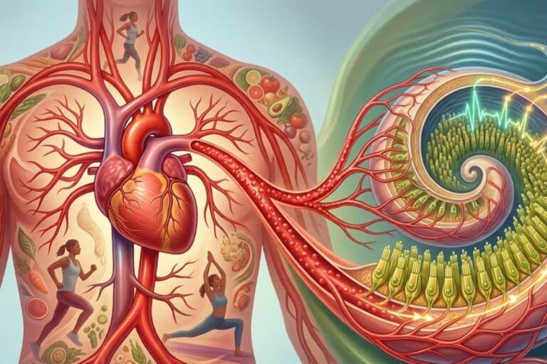 A medical illustration showing the connection between the heart and the inner ear, demonstrating how a healthy cardiovascular system supplies blood flow to the cochlea.