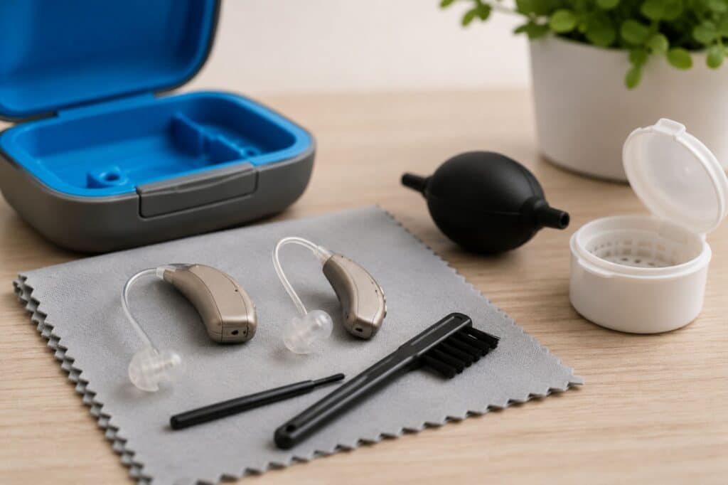 A pair of modern behind-the-ear hearing aids resting on a soft microfiber cleaning cloth alongside hearing aid cleaning tools, a storage case, and a drying container on a clean wooden surface, illustrating proper hearing aid maintenance and earwax cleaning.