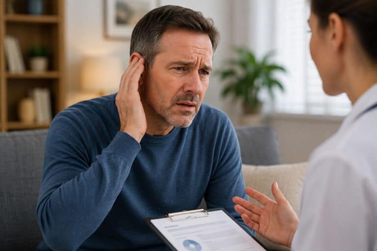 A man experiencing sudden hearing difficulty holds his hand to his ear while speaking with a healthcare professional, illustrating the importance of seeking prompt evaluation for unexpected hearing loss.